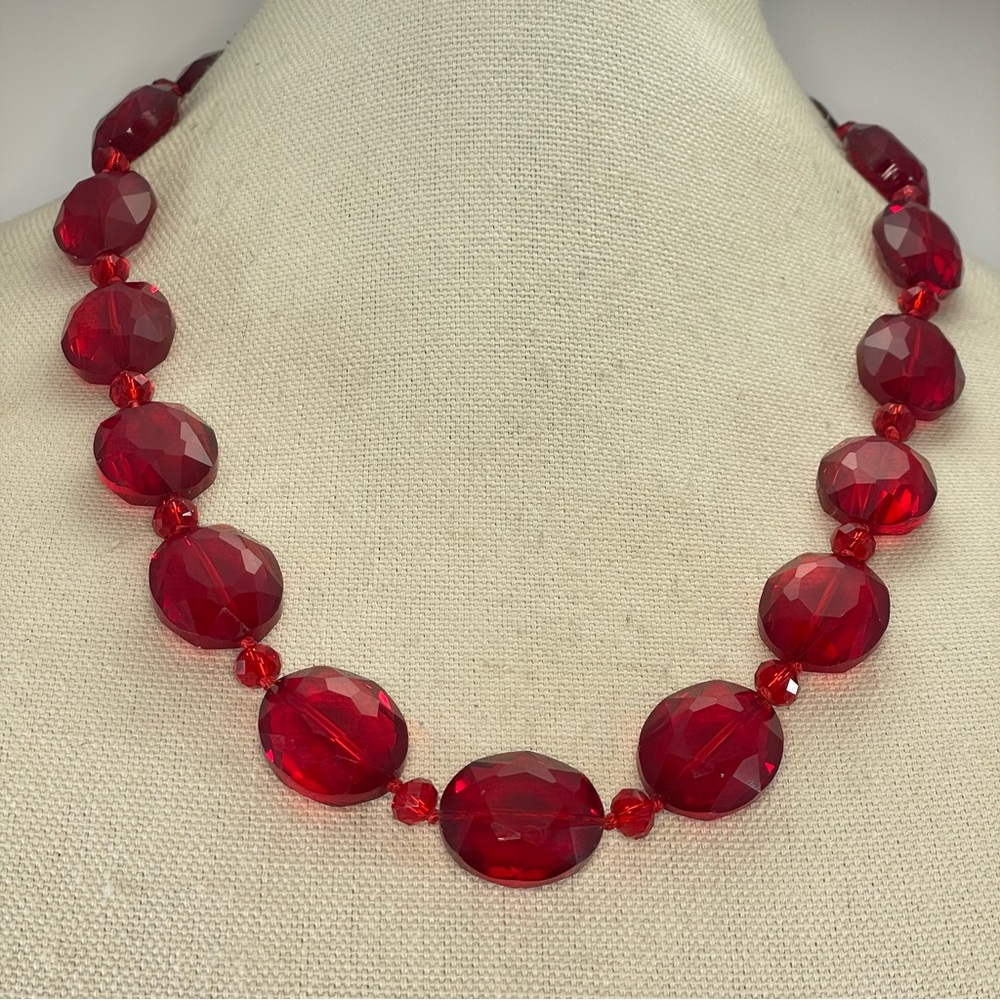 Artisan Handmade Crafted Bold Red Crystal Beaded Knotted Cord Statement Necklace